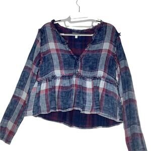 GB Womens Top Size S Blue Plaid Long Sleeve V-Neck Casual Pullover Blouse